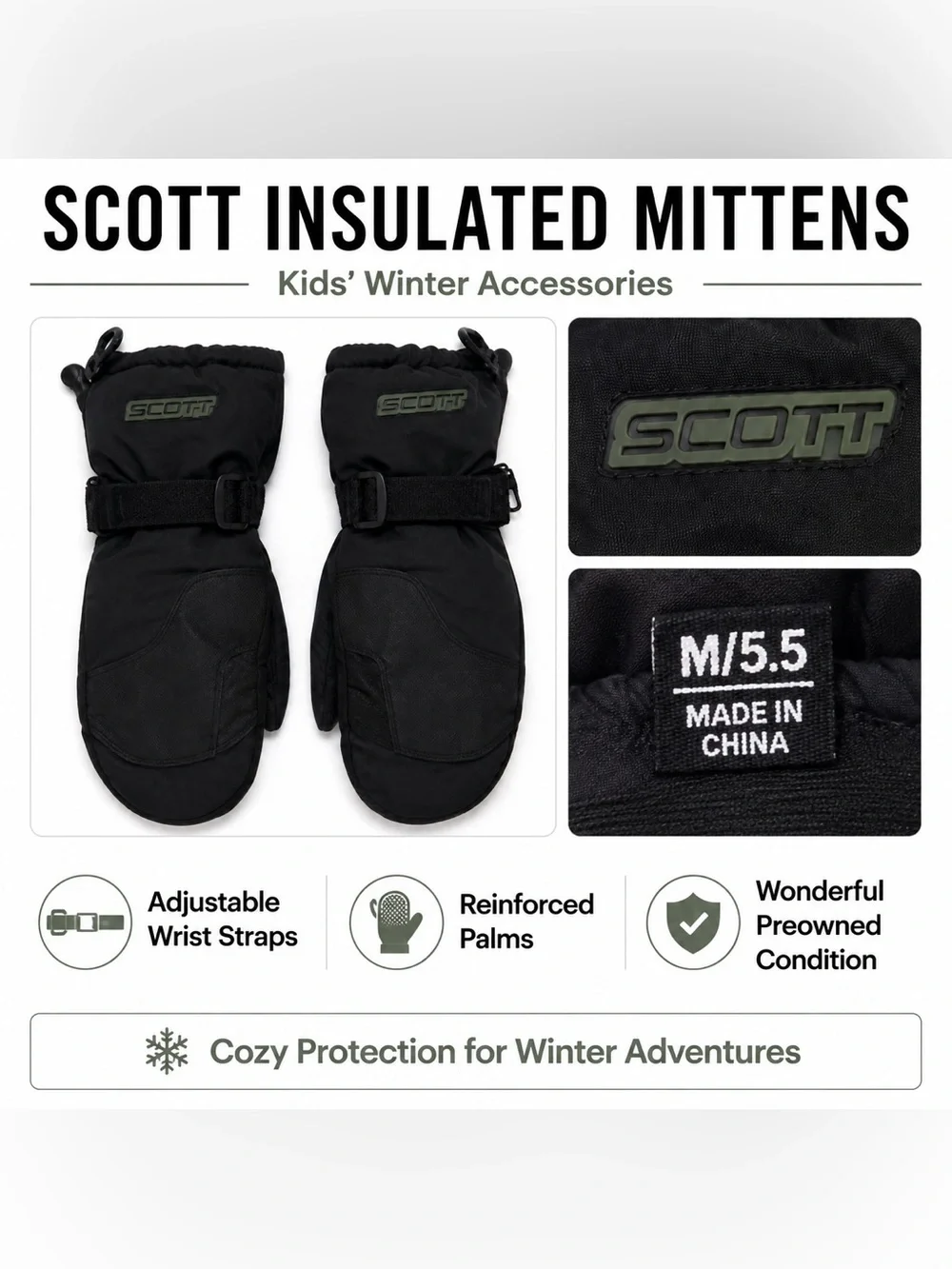 Scott Kids Black Insulated Ski Snow Mittens M/5.5 Adjustable Wrist Straps
